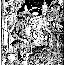 A bagpiper stands in a cobbled street at night, playing his music to the rats swarming at his feet