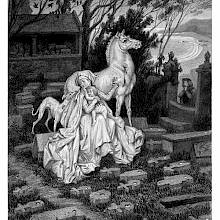 A woman is sitting in a graveyard with a child in her lap, stroking a wounded horse behind her