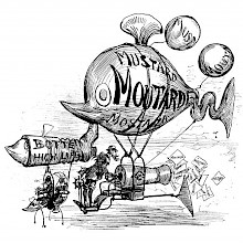 A man aboard a fish-shaped balloon is seen disseminating flyers through a cannon-shaped device