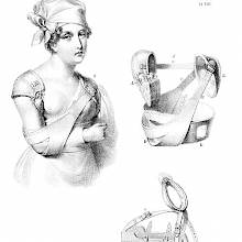 A woman is wearing her arm in a sling as bandages and slings can be seen depicted on the same page