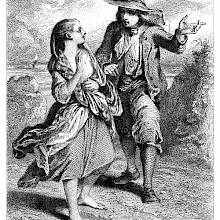 A young man in a large-brimmed hat points forward while speaking to a barefoot young woman