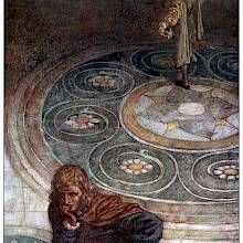 Two characters are seen from above moving away from each other in a room with ornate flooring