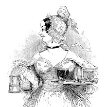 A woman looks to her right while carrying a tankard in one hand and a tray in the other.