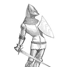 Medieval soldier carrying shield and sword and wearing a bascinet, a mail coif, and a jupon