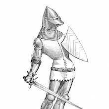 Medieval soldier carrying shield and sword, and wearing a bascinet, a mail coif, and a jupon