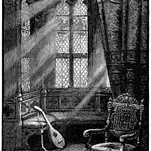 Oriel window seen from the inside with a lute resting against a bench