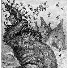 A bear is running away in a panic from the furious bees chasing him