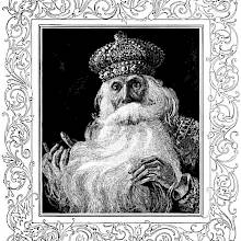 An astonished old king looks at the viewer as his hands play in his fluffy beard