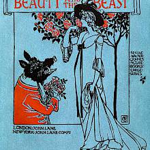 The Beast has a bunch of flowers in his hands and tries to woo Beauty who stands before a tree