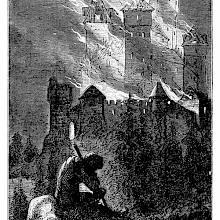 A medieval castle is burning in the night as a man sits forlorn in the foreground