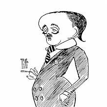 Full-length caricature portrait of Max Beerbohm seen from a three-quarter angle