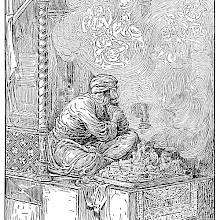 A man sitting cross-legged looks dreamily at translucent figures dancing in a cloud of smoke