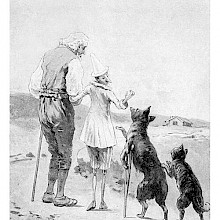 Pinocchio stands on the beach with his father and turns his back to his former companions, the Fox and the Cat