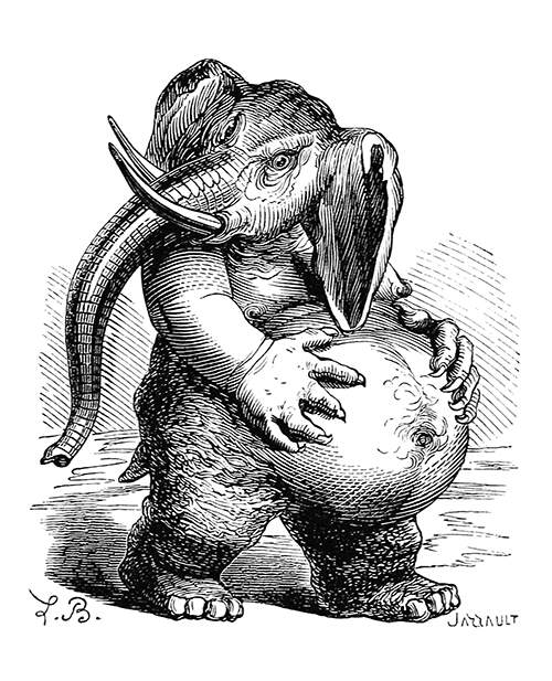Depiction of Behemoth who reigns on gluttonyand is described as stupid despite his rank