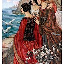 Three women stand on a terrace overlooking the sea and gaze at the horizon as gulls flutter about