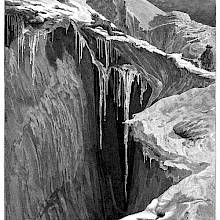 A man crawls across a bridge of ice spanning two sides of a chasm
