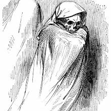 A skeleton is draped in a hooded gown, leaving only its skull to be seen