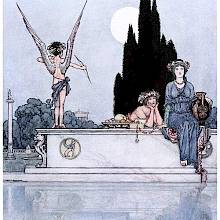 In an Attic moonlit landscape, a woman sits on a marble tomb by the side of a pond