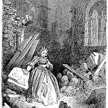 A young girl stands in a ruined building, facing a large toad