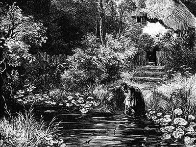 A woman fills a jug at a pond surrounded by luxuriant vegetation at a thatched cottage.