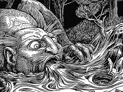 A monstrous male figure crouches by a stream, his mouth open wide to swallow the water