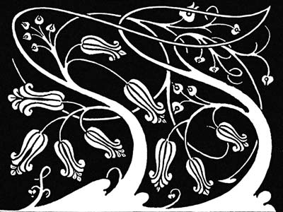 Floral design showing two S-shaped stems bearing stylized honeysuckle-like flowers