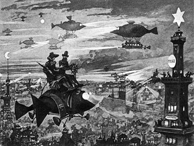 A man and a woman are flying high in the night sky of Paris seated on a small flying machine shaped like a fish