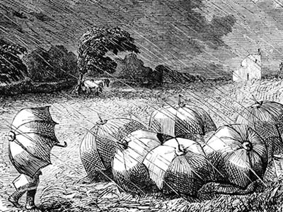 People are having a picnic in a meadow in the rain, forming a cluster of umbrellas