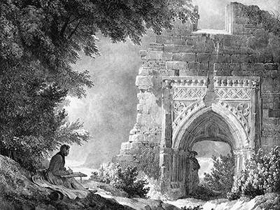 an artist sitting beneath a tree draws a medieval archway with a man standing in the shadow