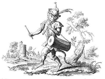 A monkey wearing a feathered hat walks around the countryside playing the pipe and tabor
