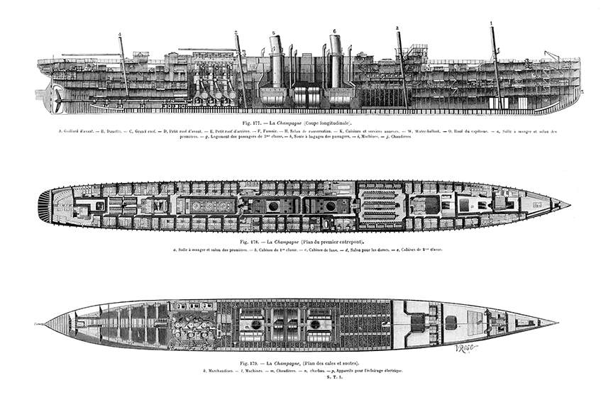SS La Champagne—Deck Layout Old Book Illustrations