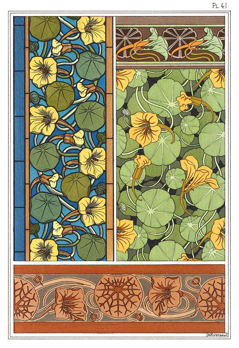 Nouveau Art Nasturtium Plant Bloom Paintings French Nouveau Art Nasturtium Plant Maurice Pillard Verneuil Throw Pillow 18x18 Multicolor 