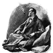 Sherlock Holmes smokes his pipe reclining on cushions and wearing a roomy overcoat