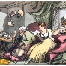 Death pours wine to a man eager to drink while his wife lets a younger man kiss her hand