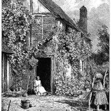 A seated woman is knitting at the door of the kitchen garden on a sunny summer day