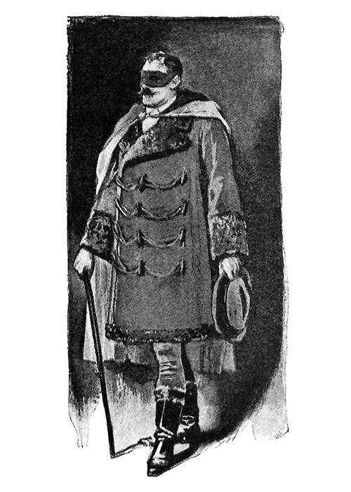 A masked man with a cane stands wearing a frogged coat and a cape