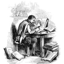 A man sits writing at a desk in a corner of a study