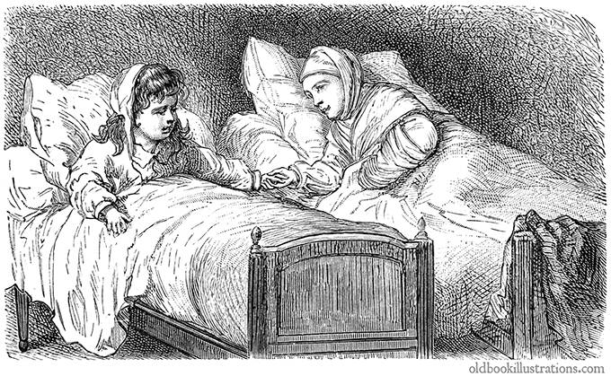 Children in bed holding hands