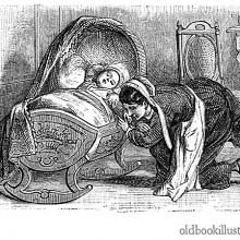 Maid kneeling by a cradle