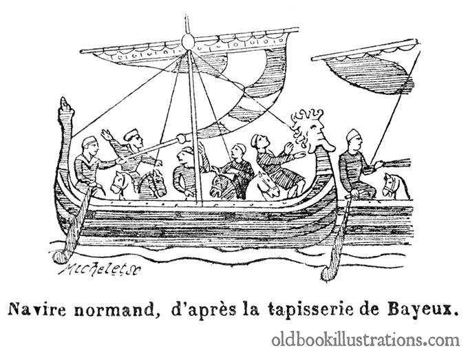 Illustration made from the Bayeux Tapestry showing a Norman ship
