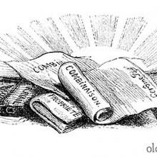Vignette with scrolls of paper and books