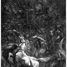 A lion pouncing on a horse seems to stir the greatest agitation among the other animals
