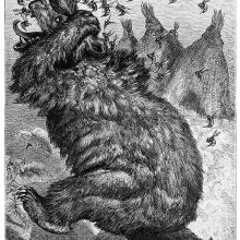 A bear is running away in a panic from the furious bees chasing him