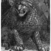 A lion is caught in a net and looks at the mouse next to him