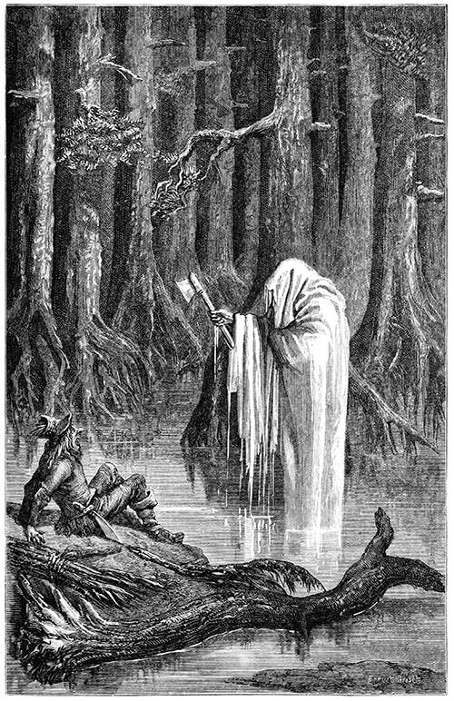 A ghost-like figure rises from the swamp holding an ax in front of a bewildered woodman