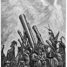 A group of astrologers is pointing a battery of telescopes at a mountain top