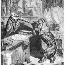 A wolf has walked into the shop of an apothecary and asks the crane to help him