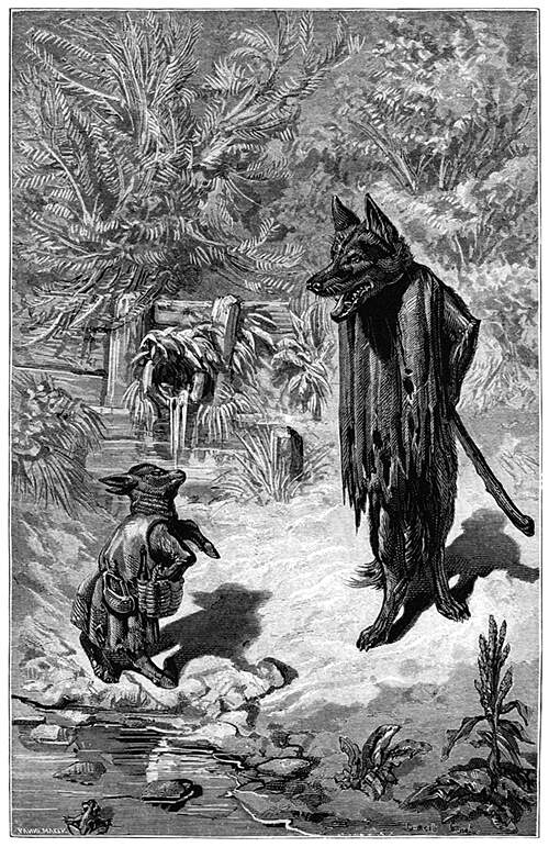 A lamb speaks with a wolf in tattered clothes standing before him