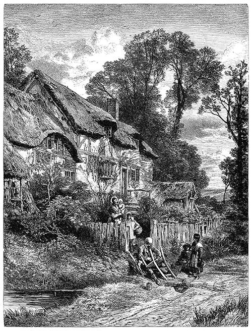A chair mender is at work by the gate of a thatched cottage