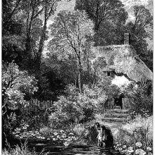 A woman fills a jug at a pond surrounded by luxuriant vegetation at a thatched cottage.